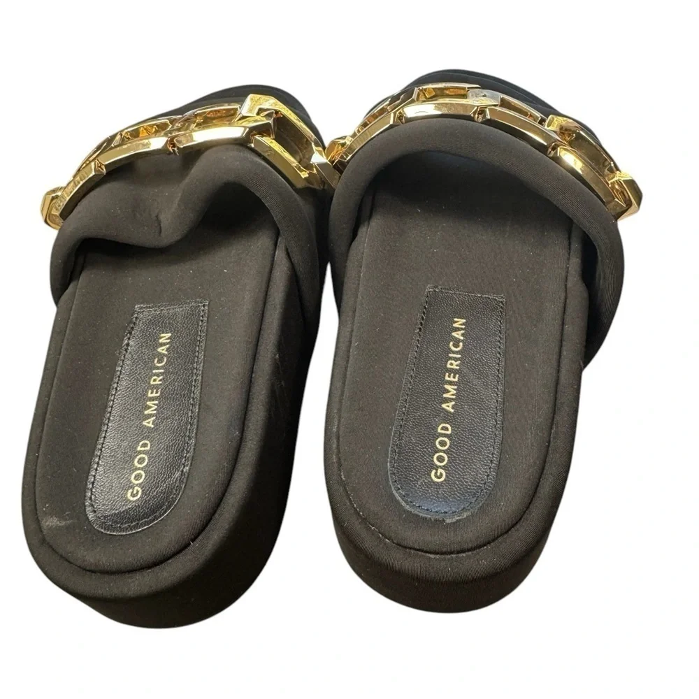 Good American Black Platform Slides with Gold Chain – Size 5